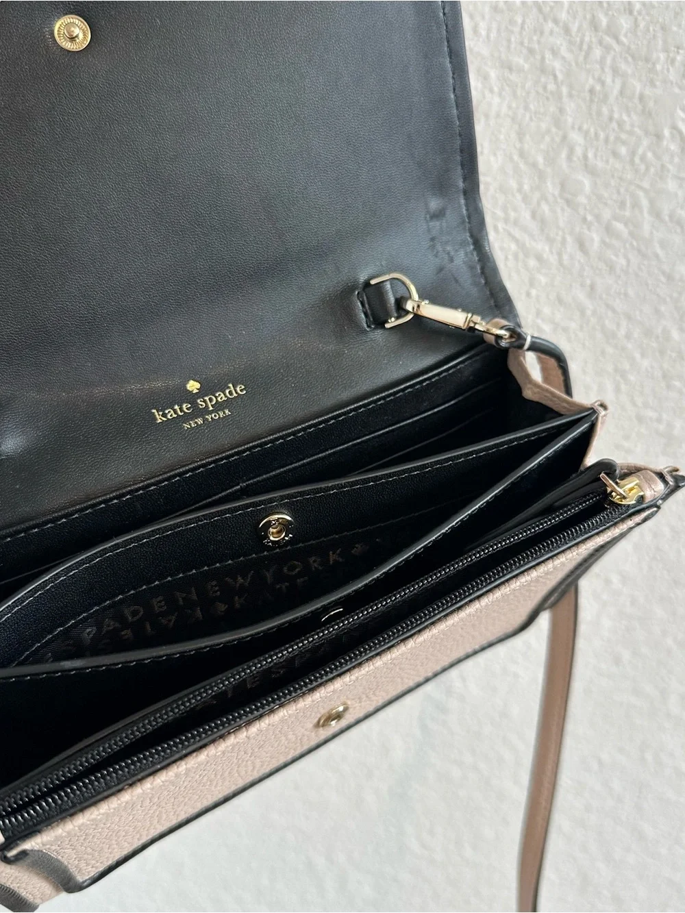 kate spade Pebbled Taupe Crossbody with Black Trim